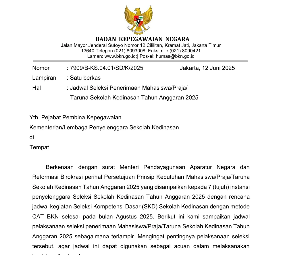 RESMI DIRILIS! Jadwal Seleksi Sekolah Kedinasan 2025 BKN 1 jadwal seleksi sekolah kedinasan