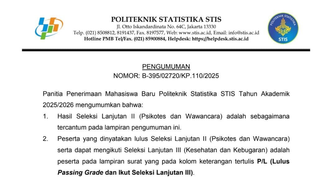 Segera Cek! Pengumuman STIS Seleksi Lanjutan II 2025 1 pengumuman stis